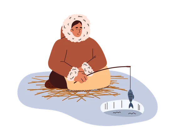 Eskimo sits on the ice and catches fish with fishing rod  Illustration