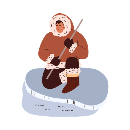 Eskimo sits on the ice and catches fish with fishing rod  Illustration