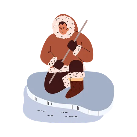 Eskimo sits on the ice and catches fish with fishing rod  Illustration