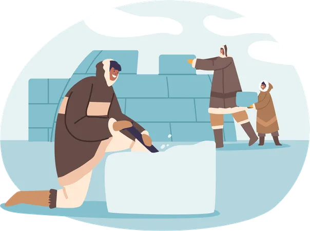 Eskimo Characters Skillfully Construct Igloos Using Snow Blocks To Create Shelter In The Harsh Arctic Conditions Showcasing Their Ingenuity To The Environment Cartoon People Vector Illustration Illustration