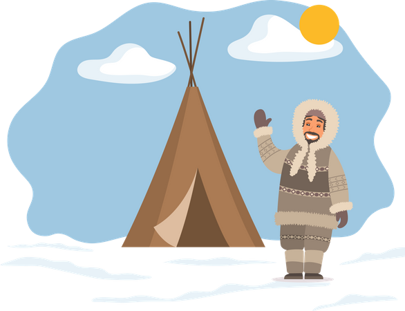 Eskimo Waving Hand Near Tent  Illustration