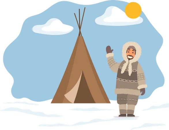 Smiling Arctic Person In Traditional Warm Clothes Standing Near Tent On Snowy Landscape Man Hunter In Hood Waving Hand Near Stall Eskimo Cartoon Character Outdoor Snow And Sunny Weather Vector Illustration