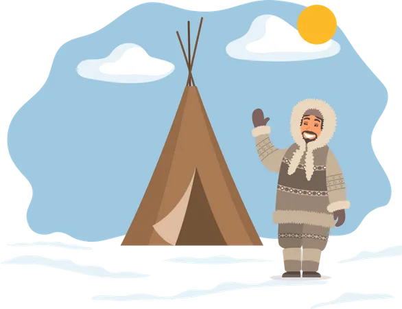 Eskimo Waving Hand Near Tent  Illustration