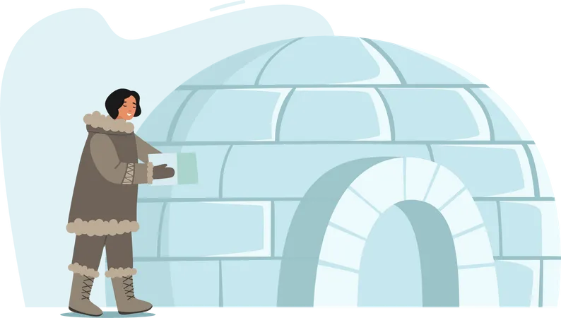 Eskimo Female Character Building Igloo Making House Of Ice Blocks Isolated On White Background Life In Far North Inuit Woman Wear Traditional Clothes Esquimau Person Cartoon Vector Illustration Illustration