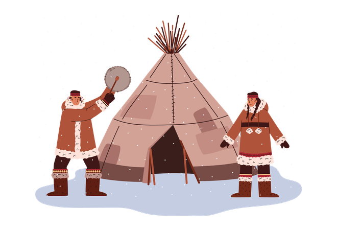 Eskimos couple dancing near igloo hut  Illustration