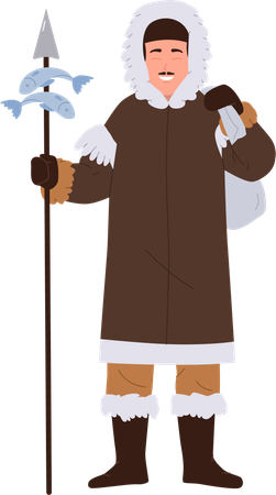 Eskimos fisherman wearing native clothes holding fishing spear with catch  Illustration