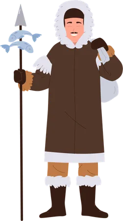Eskimos fisherman wearing native clothes holding fishing spear with catch  Illustration