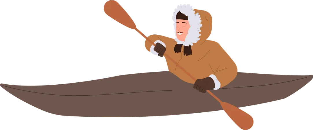 Eskimos man in native clothes kayaking and floating on wooden boat with paddles  Illustration
