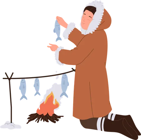 Eskimos Woman Flat Cartoon Character Wearing Traditional Warm Clothes Cooking Fish Tribal Dish For Dinner On Camping Fire Isolated On White Background Indigenous Culture Of Polar People Concept Illustration