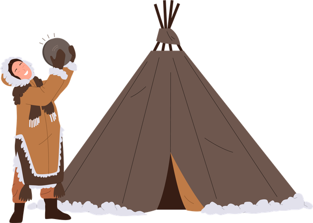 Eskimos woman playing ethnic tambourine and having fun and dancing nearby wigwam tent  일러스트레이션