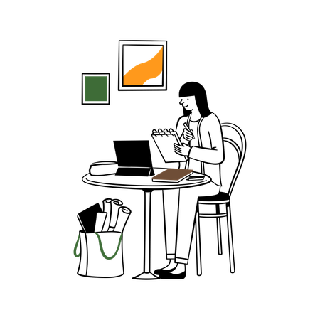 Espacio de trabajo minimalista con café y flores  Ilustración