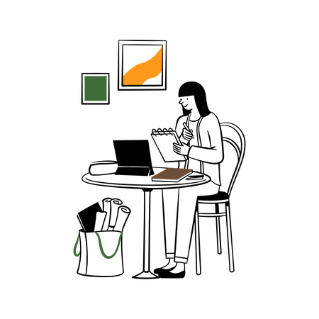 Espacio de trabajo minimalista con café y flores  Ilustración