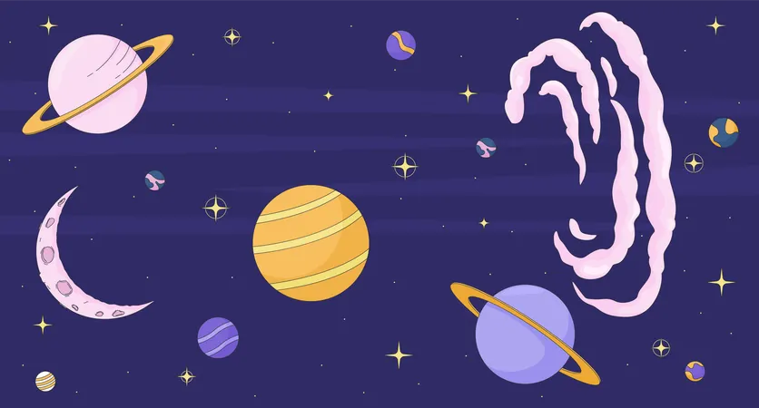 Espacio surrealista con nebulosas y planetas de fantasía.  Ilustración