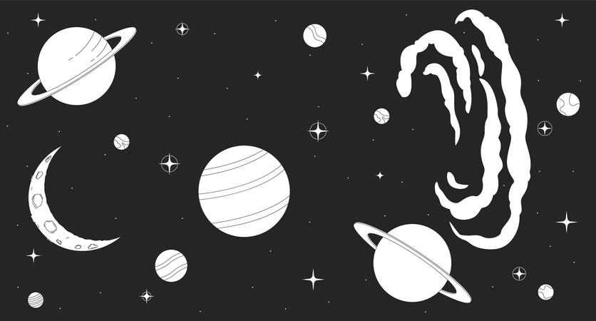 Espacio surrealista con nebulosas y planetas de fantasía.  Ilustración