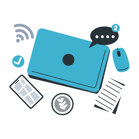 Espaço de trabalho moderno com laptop e notificações digitais  Ilustração