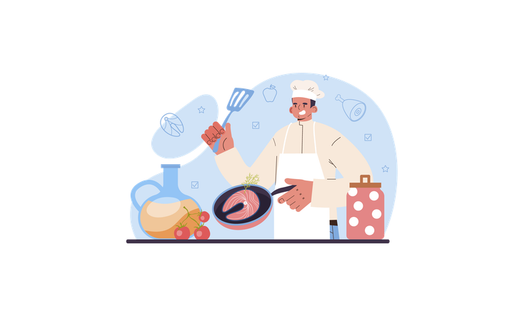 Especialista culinario elaborando y sirviendo platos sabrosos según la tecnología de cocción.  Ilustración