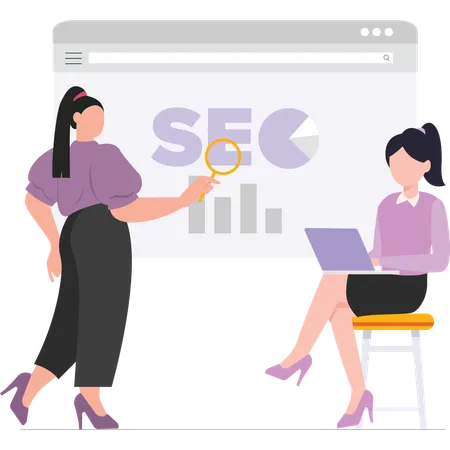 Especialista em SEO pesquisando palavras-chave para o site dos clientes  Illustration