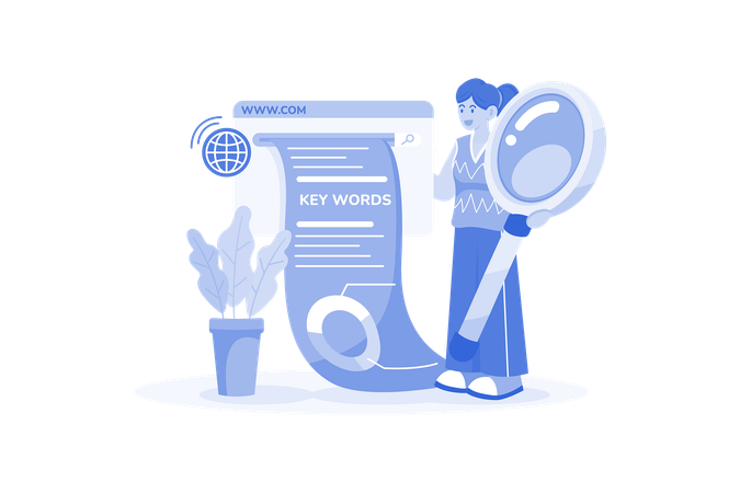 Especialista em SEO pesquisando palavras-chave para o site do cliente  Ilustração