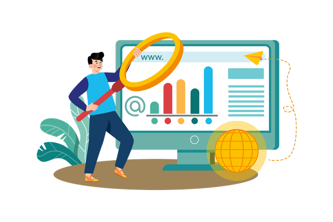 Especialista em SEO pesquisando palavras-chave para o site de um cliente  Ilustração