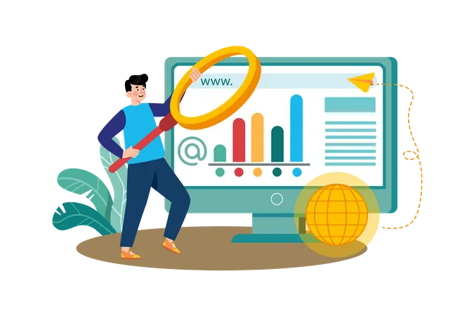 Especialista em SEO pesquisando palavras-chave para o site de um cliente  Ilustração