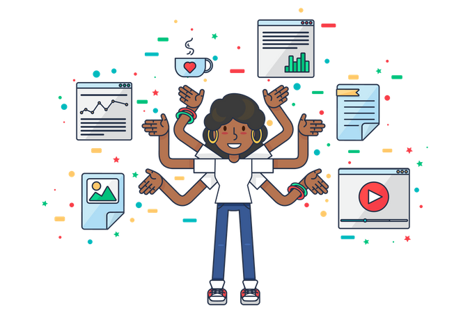 Especialista en datos femeninos haciendo multitarea  Ilustración