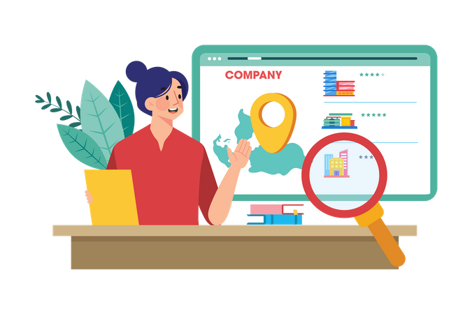 Especialista local em SEO otimizando listagens de empresas para pesquisa local  Ilustração