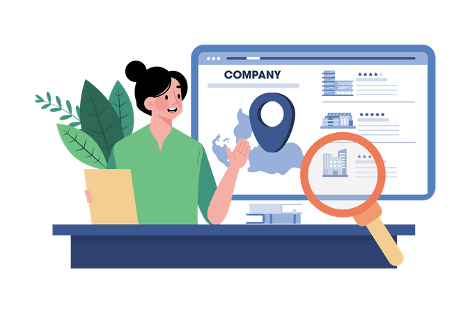 Especialista local em SEO otimizando listagens de empresas para pesquisa local  Ilustração
