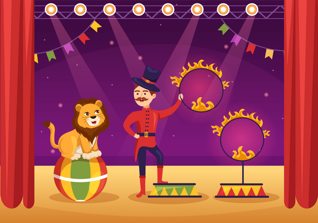 Espectáculo de leones en circo  Ilustración