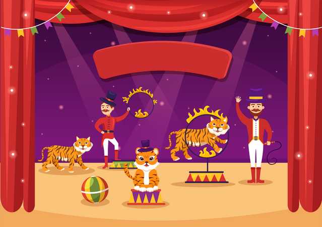 Espectáculo de tigres en circo  Ilustración