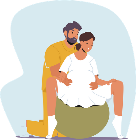 Casal esperando na clínica se prepara para o parto usando bola de ginástica  Ilustração