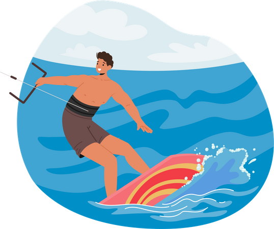 Esportista Kitesurf nas ondas do mar  Ilustração