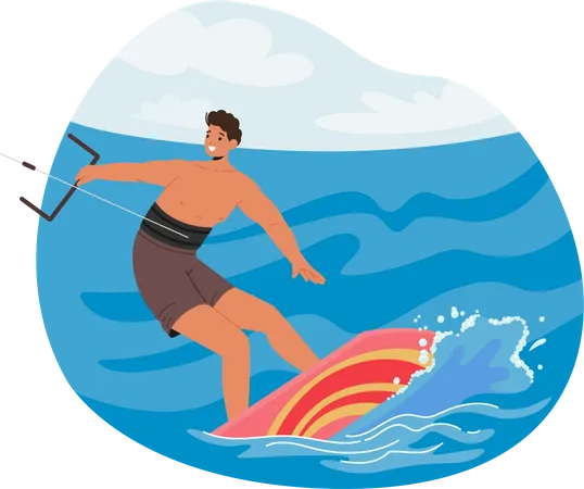 Esportista Kitesurf nas ondas do mar  Ilustração