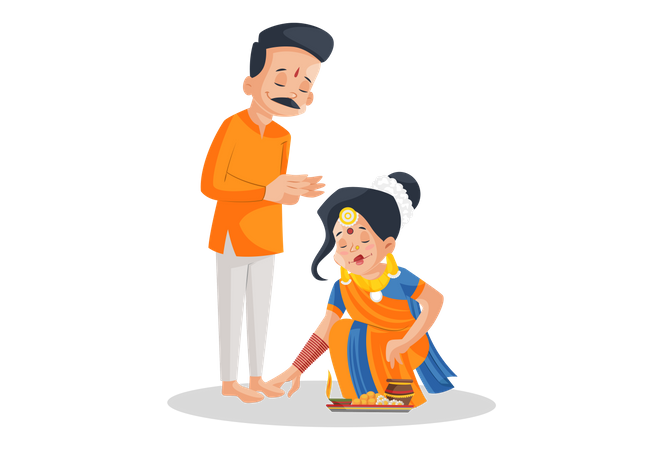 Esposa indiana recebendo bênçãos de seu marido  Ilustração