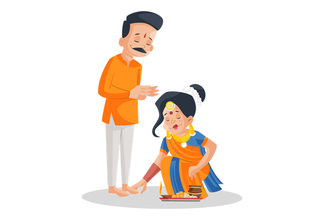 Esposa india recibiendo bendiciones de su marido  Ilustración