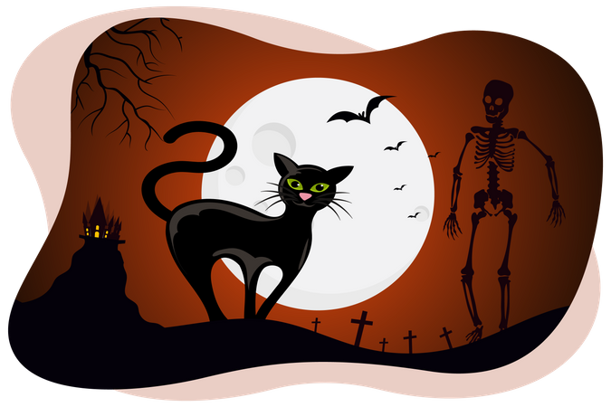 Esqueleto de gato preto e homem  Ilustração
