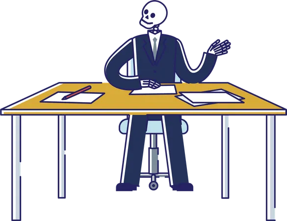 Esqueleto de homem de negócios trabalhando na mesa  Ilustração