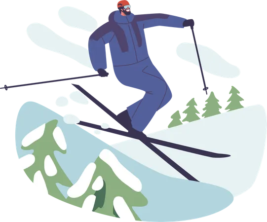 Personagem Masculino Esquiador Experiente Fazendo Truques Conquista Um Slalom De Montanha Com Precisao Serpenteando Pelo Terreno Nevado Em Um Pitoresco Ambiente Alpino Ilustra O Vetorial De Pessoas Dos Desenhos Animados Ilustração