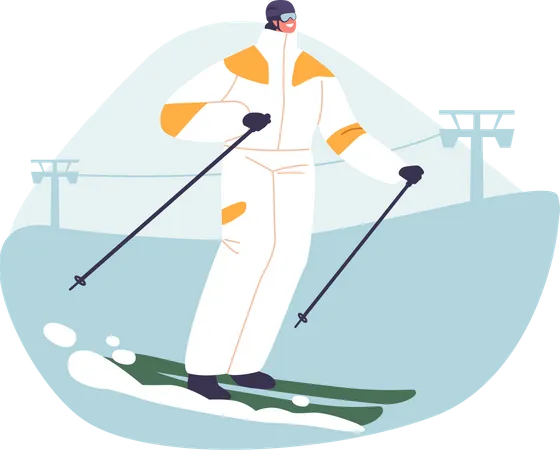 Com Sutileza E Experiencia Um Personagem Esquiador Enfrenta Um Desafiador Slalom De Montanha Mostrando Sua Habilidade Nas Encostas Nevadas Do Deserto Alpino Ilustra O Vetorial De Pessoas Dos Desenhos Animados Ilustração