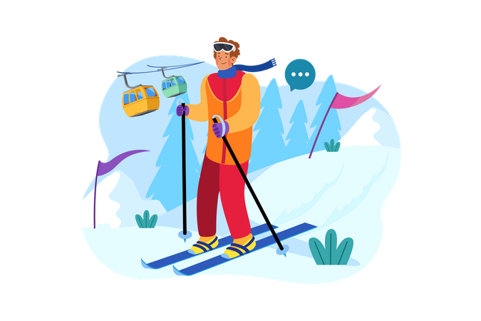 Hombre esquiador se desliza por una montaña nevada  Ilustración