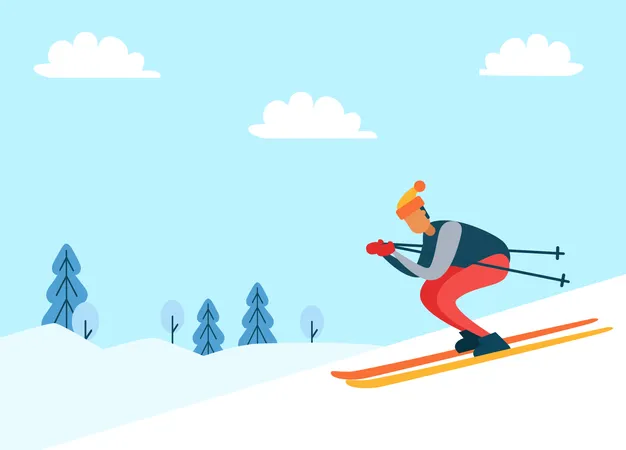 Esquiador Con Sombrero Y Chaqueta Bajando Pendiente Naturaleza Invernal Pinos Y Nubes En El Cielo Afiche Con Persona Aislada En Ilustracion Vectorial Ilustración