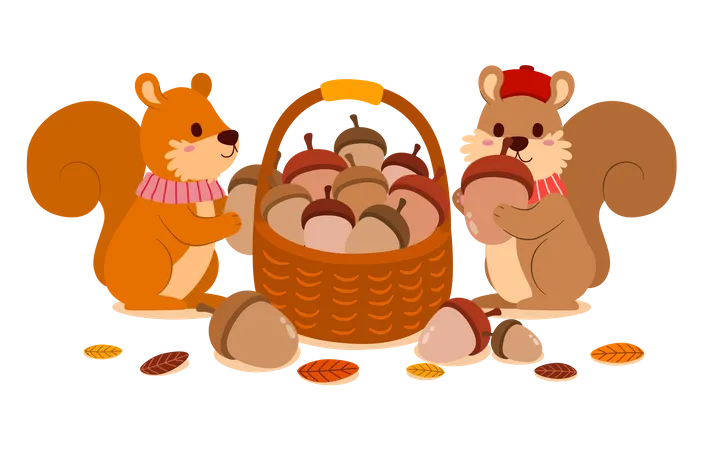 Esquilos coletando bolotas em uma cesta  Ilustração
