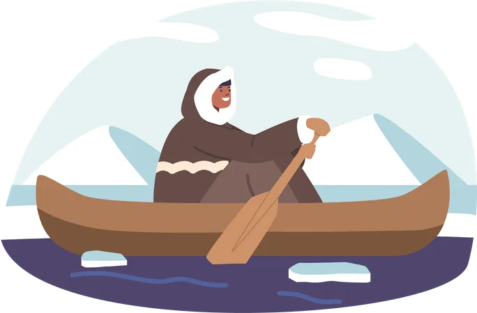 Esquimal navega en barco por aguas heladas  Ilustración