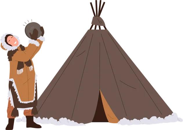 Femme esquimau jouant du tambourin ethnique et s'amusant et dansant à proximité de la tente wigwam  Illustration