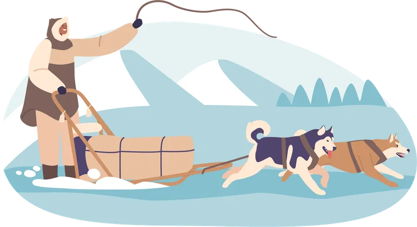 Trenó esquimó guiado por cães pelo Ártico  Ilustração