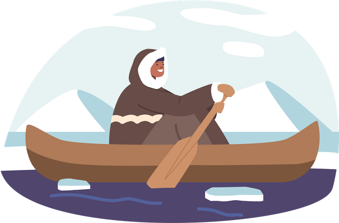 Esquimó navega em barco por águas geladas  Ilustração