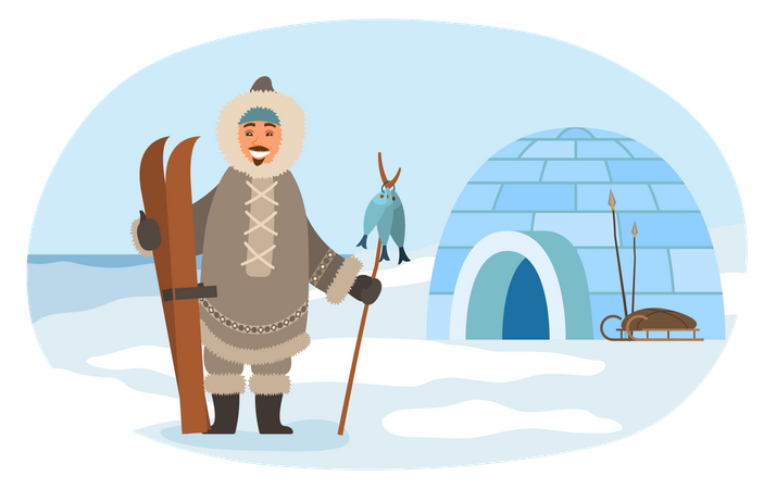 Esquimó pegou peixe vestindo roupas de inverno  Ilustração