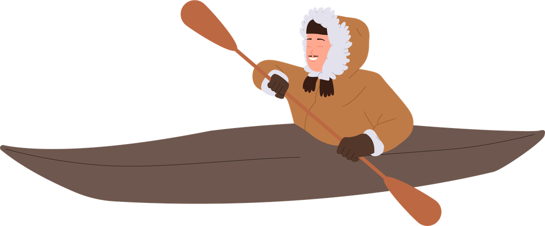 Homem esquimó em roupas nativas andando de caiaque e flutuando em um barco de madeira com remos  Ilustração