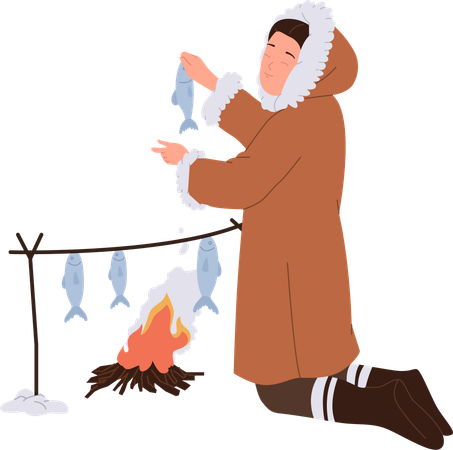 Mulher esquimó cozinhando peixe na fogueira para jantar  Ilustração