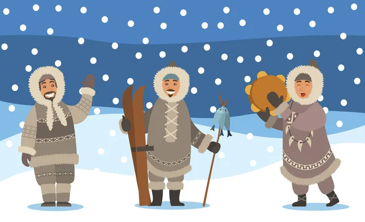 Paisagem De Inverno Com Neve E Esquimos Representantes Masculinos E Femininos Dos Inuits Pessoas Do Artico Acenando Com A Mao Segurando Equipamentos De Esqui E Cacando Peixes Na Vara Vetor De Cancoes Femininas Cantando Ilustração