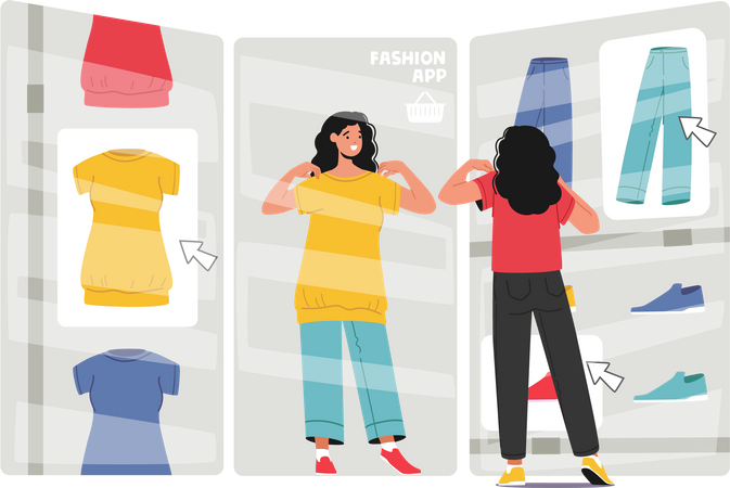 Essayer de nouveaux vêtements en ligne à l'aide d'une application de mode moderne  Illustration